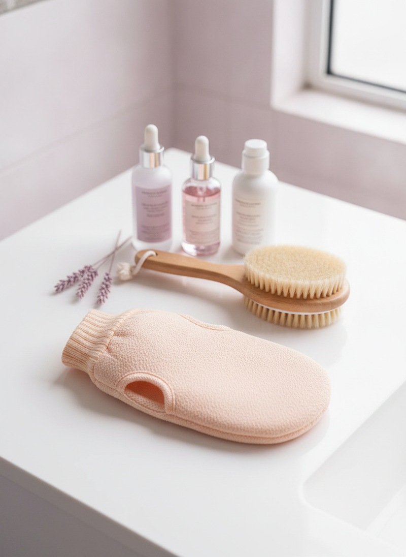 Flat lay of an exfoliating scrub brush next to high-end serums on a white bathroom vanity, bathed in natural light.