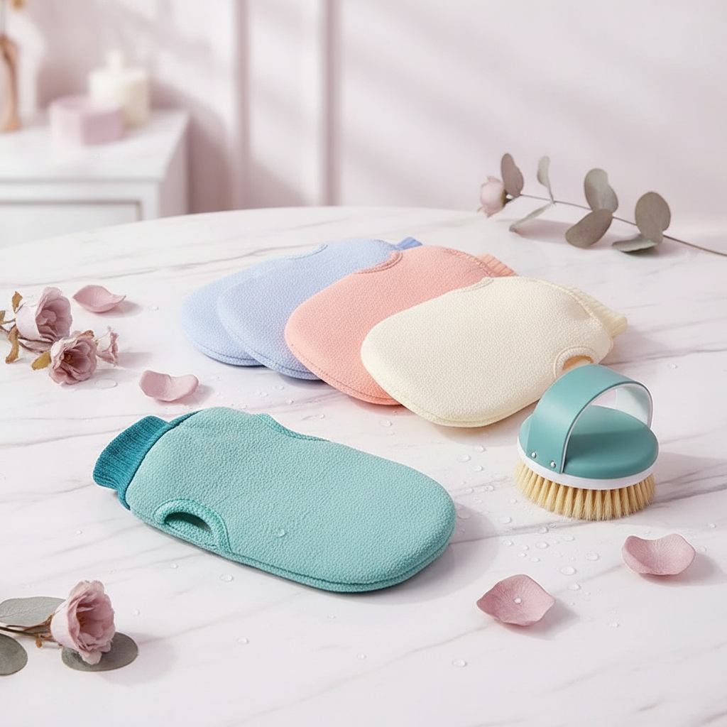 Exfoliating Scrub Mitt and Brush set on a white marble surface with soft pale mauve and dusty rose flowers in the background.