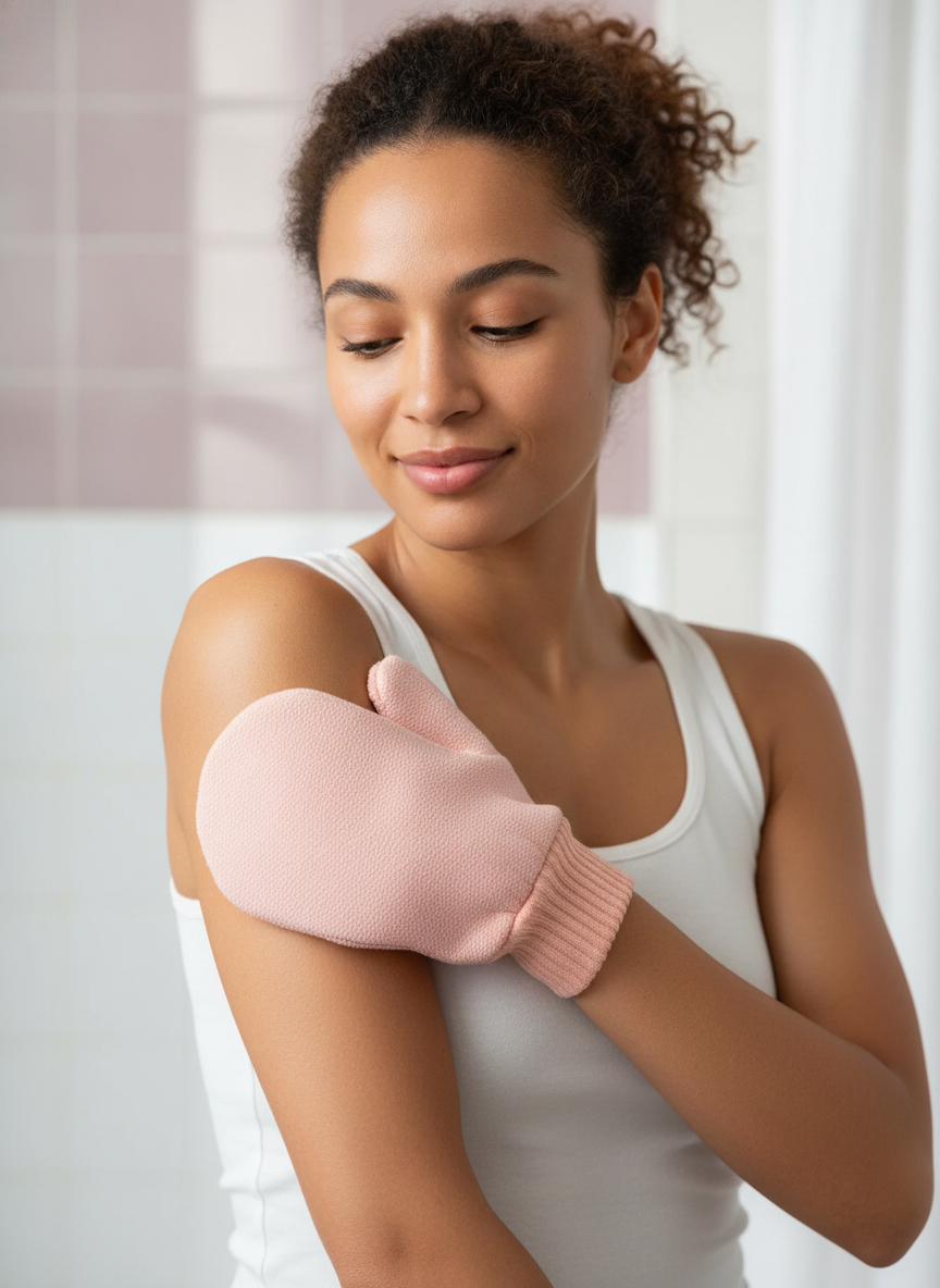 A person gently uses an exfoliating scrub brush on their dry arm before a shower, showing a self-care moment.