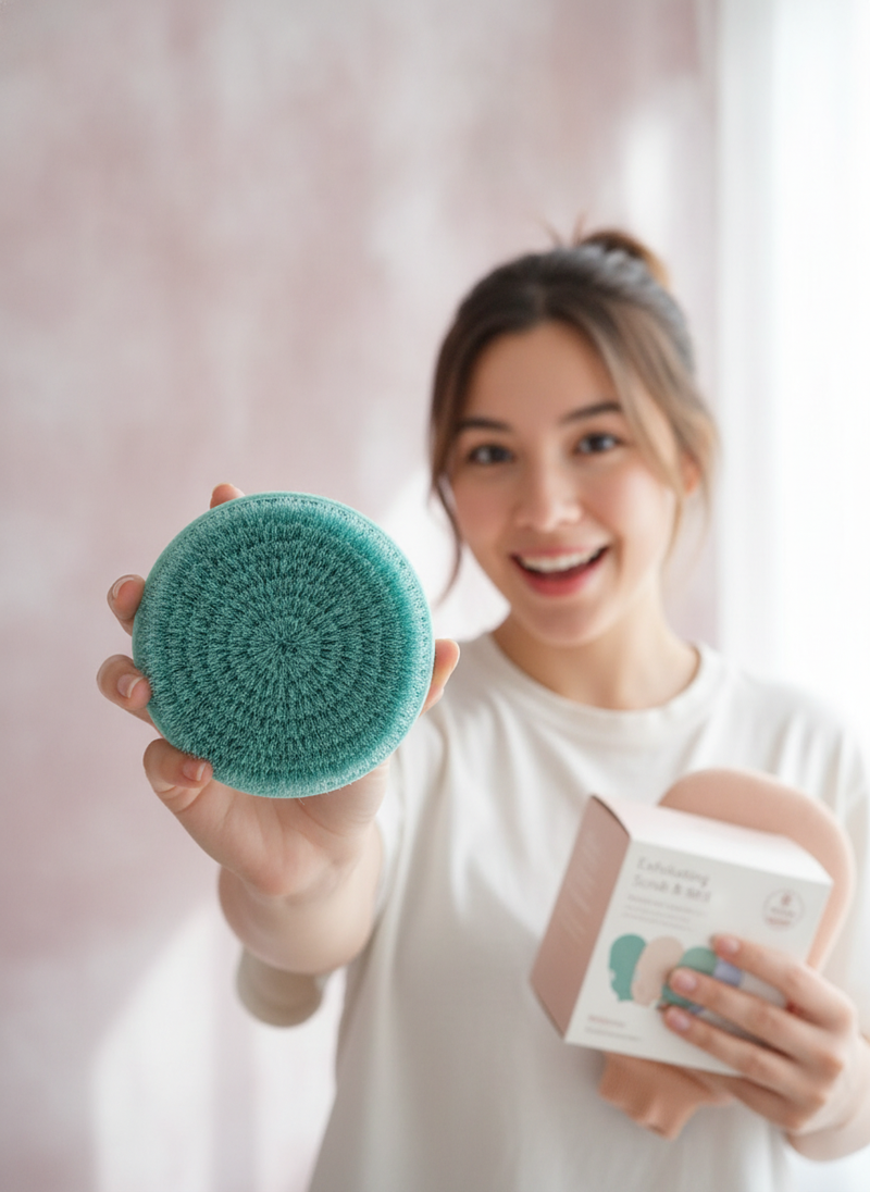 A young woman unboxes an exfoliating scrub mitt and brush kit, holding up the brush to show its plant fiber texture.