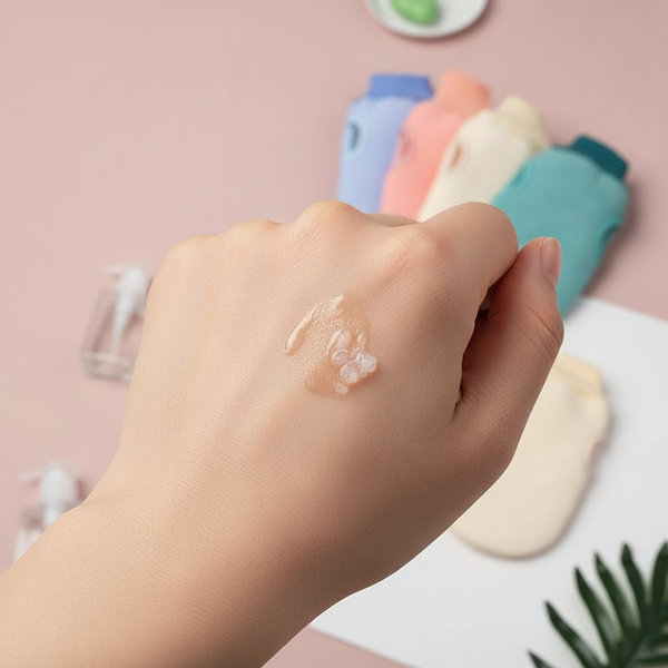 Close-up of face serum pilling on a hand, with the Exfoliating Scrub Mitt and Brush set blurred in the background on a pale m