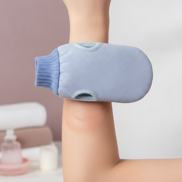 Close-up of a person's arm with a natural flush, being gently stimulated by the Exfoliating Scrub Brush, against a blurred pa