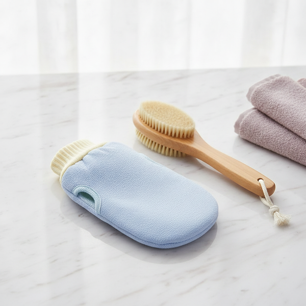 Exfoliating Scrub Mitt and Brush set on a white marble vanity next to a pale mauve towel, bathed in soft light.